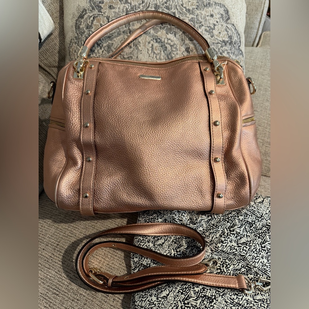 Rebecca Minkoff Rose Gold Metallic Leather Satchel + Crossbody Strap + Dustbag